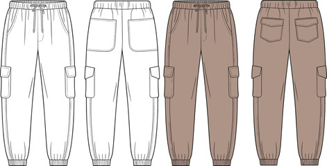 Men’s cargo jogger pants flat sketch with patch pockets, front and back view, technical cad drawing, vector fashion illustration