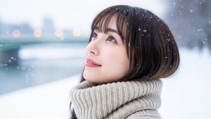 雪が降る空を見上げるタートルネックニットの女性