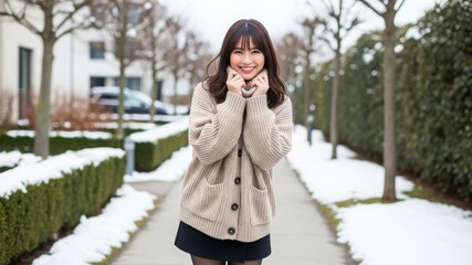 雪の住宅街の歩道で微笑むニットとスカートの女性