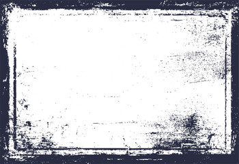 Dark navy blue distressed grunge frame border with white textured background and scattered speckles vector