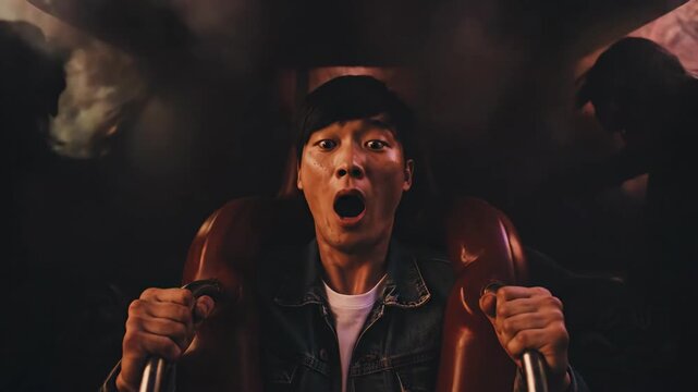 Mans face captures ride thrill with vibrant red lighting and surrounding figures