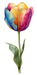 Vibrant Watercolor Tulip Painting with Blue Pink Yellow and Orange Petals