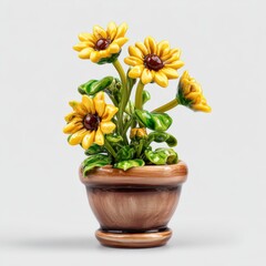 Vibrant Yellow Sunflowers in Brown Pot, Detailed Still Life