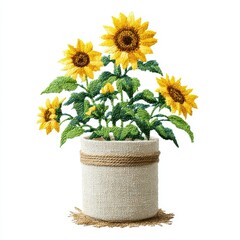 Vibrant Yellow Sunflowers in Rustic Pot with Burlap