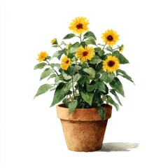 Vibrant Yellow Sunflowers in Terracotta Pot Watercolor Painting