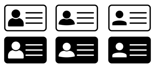 Collection of user profile ID card icons in solid and outline styles. Includes various person avatar symbols with text lines, perfect for identity, contact, or profile interface design. Id card, icon.
