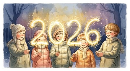 Happy New Year 2026 Celebration With Children Using Sparklers