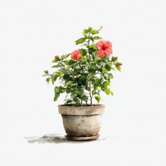 Watercolor Hibiscus in Terracotta Pot