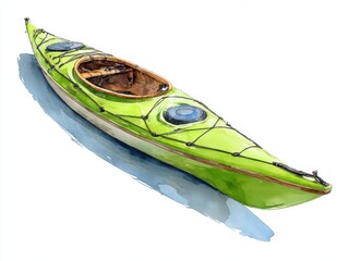 Watercolor Kayak Illustration Light Green Boat on White Background