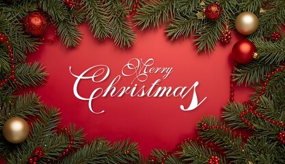 A festive flat lay composition featuring green pine tree branches adorned with red and golden Christmas balls