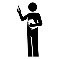 Stick figure holding a book pointing upwards simple vector illustration for educational or business presentations isolated on white background