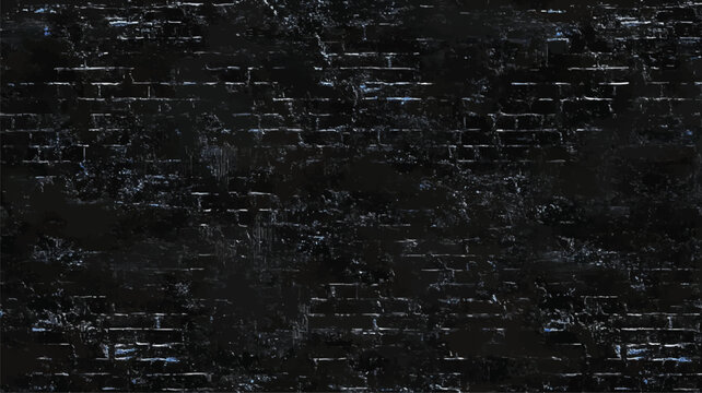Dark textured black brick wall with subtle blue and white highlights and rough mortar lines creating a distressed urban background