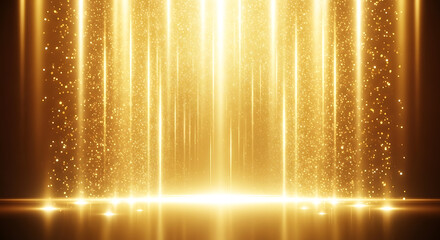 Golden spotlights illuminating glittering particles from above, creating a luxurious and celebratory atmosphere
