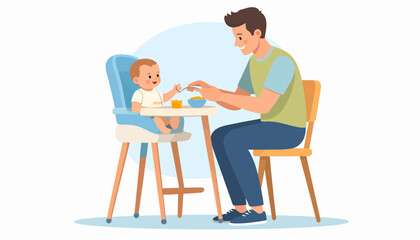 Caring father feeding his smiling baby in a blue high chair, sharing a joyful mealtime.