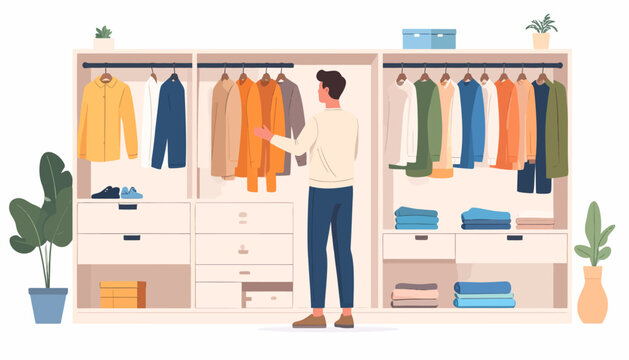 A young man choosing a colorful outfit from a large, modern, open-plan wardrobe system. Flat vector illustration of a daily routine.