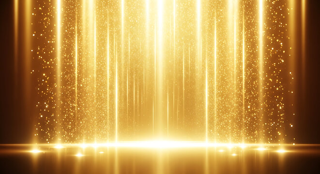 Golden spotlights illuminating glittering particles from above, creating a luxurious and celebratory atmosphere