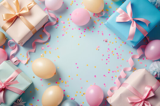 Colorful birthday gifts and balloons with confetti on blue background
