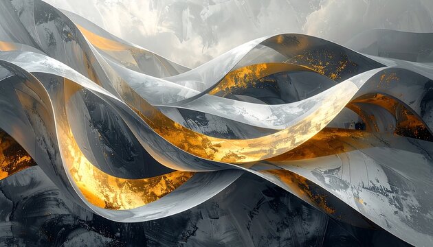 An abstract composition of flowing ribbons in varying shades of gray and gold. The ribbons appear to float, creating a dynamic visual