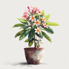 Watercolor Painting of Flowering Plant in Terracotta Pot