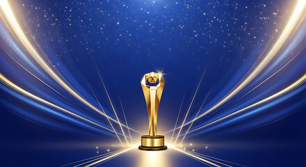 Golden trophy award on a blue abstract background with light streaks and stars