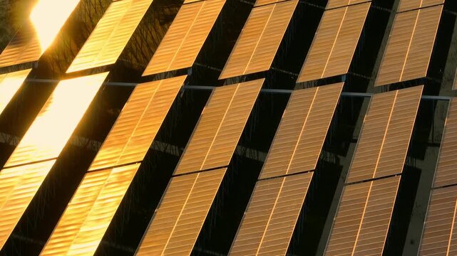 Rows of solar panels reflect golden sunlight in this overhead shot, symbolizing the shift to green technology. Solar energy is a key strategy for fighting global warming, achieving climate resilience.