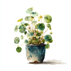 Watercolor Painting of Green Plant in Blue and White Pot