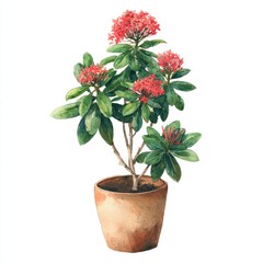 Watercolor Painting of Red Ixora Plant in Terracotta Pot