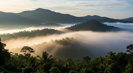 Morning mist over the mountain range, a serene landscape view.