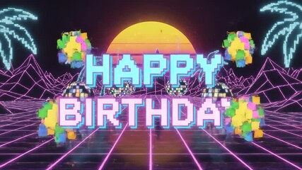 Retro happy birthday animated text with glowing disco balls and sunlight - Powered by Adobe