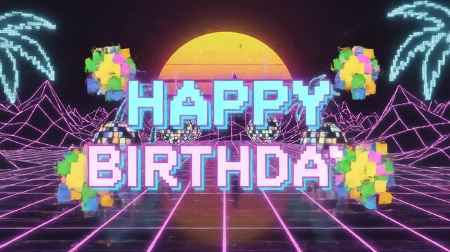 Retro happy birthday animated text with glowing disco balls and sunlight