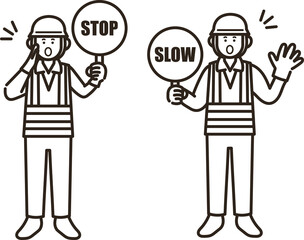 止まれと減速の標識を持つ交通誘導員の男性のイラスト　線画のみ