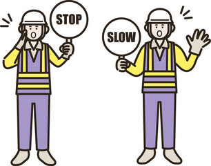 止まれと減速の標識を持つ交通誘導員の男性のイラスト