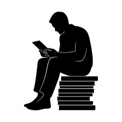Silhouette of a man sitting on a stack of books reading on a tablet vector illustration isolated on white background