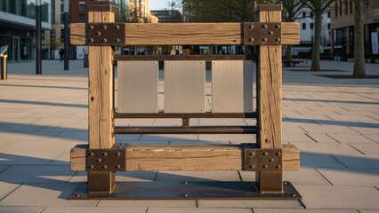 Rustic Wooden Signpost Structure with Metal Plates and Urban Background