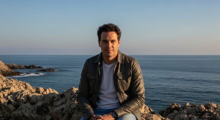 Medium shot of a confident young man with dark wavy hair wearing a leather jacket, sitting on rocky coast overlooking the ocean at sunset