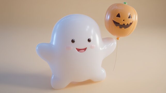 Cute cartoon ghost holding a pumpkin balloon for Halloween celebration
