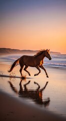 Majestic horse galloping on a serene beach at sunset.