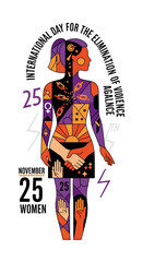 Advocating for Women's Rights on International Day for the Elimination of Violence Against Women November 25th with Hands Together, Purple and Orange Design, and Female Empowerment