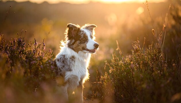A medium-sized, tri-color canine sits amongst purple wildflowers in a field at golden hour, backlit by the sun