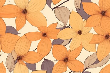 Beautiful Artistic Pattern of Orange and Yellow Flowers with Delicate Leaves Creating a Vibrant Floral Design