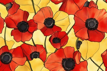 An Exuberant Floral Symphony of Red and Yellow Poppies in a Vibrant Art Design