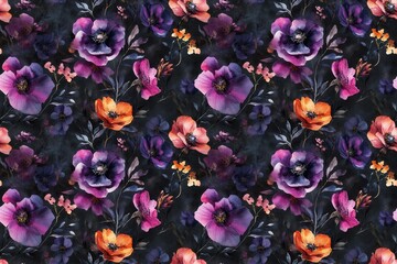 Vibrant Floral Watercolor Pattern Dark Background