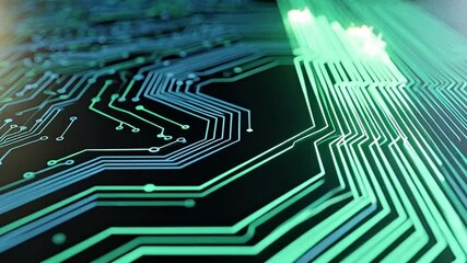 Abstract futuristic technology circuit board with glowing green and blue lines animation - Powered by Adobe