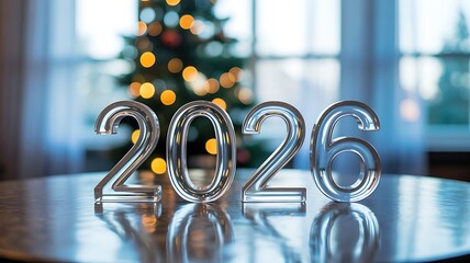 Close-up of polished chrome 2026 numbers on glossy wooden table with blurred Christmas tree and festive lights