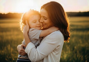 Mother hugging child in sunlight
