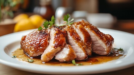 Slice of savory crispy roast duck served on dish