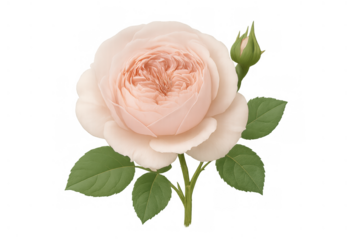 Pale pink rose with opening petals, green foliage, and a small bud, symbolizing grace, love, and growth. Isolated on transparent