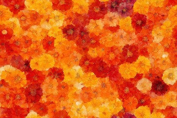 Vibrant Floral Explosion: An Aesthetic Display of Red, Yellow, and Orange Blooms in Full Bloom