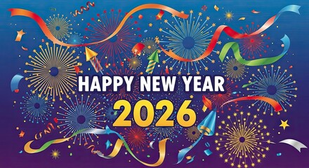 Happy New Year 2026 Celebration with Fireworks and Ribbons
