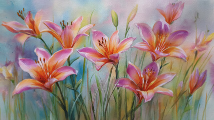 Elegant wedding invitation card white background . Minimal hand painted watercolor Lilly flowers texture template background. Design for wedding, vip cover, poster, rsvp modern card.Valentine's Day